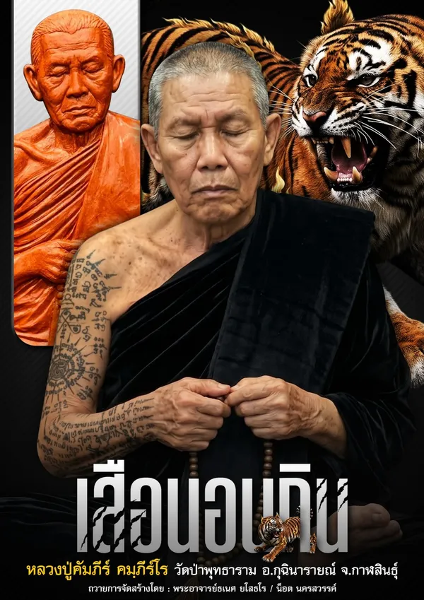 โปสเตอร์หลวงปู่คัมภีร์ คมฺภีโร รุ่นเสือนอนกิน คู่กับรูปเหมือนสีส้มและเสือ