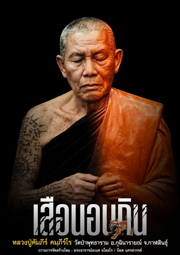 โปสเตอร์หลวงปู่คัมภีร์ คมฺภีโร ห่มจีวรดำ-ส้ม รุ่นเสือนอนกิน