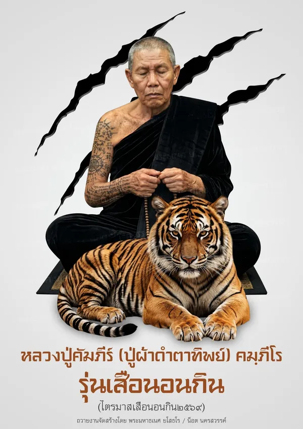 โปสเตอร์หลวงปู่คัมภีร์ (ปู่ผ้าดำตาทิพย์) คมฺภีโร นั่งคู่เสือ รุ่นเสือนอนกิน ไตรมาสเสือนอนกิน ๒๕๖๙